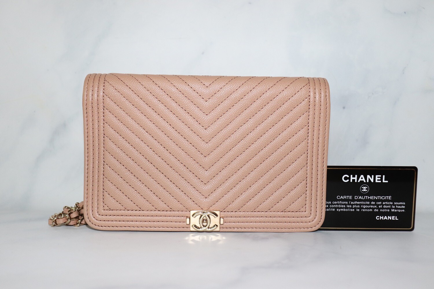 Chanel Wallet on Chain Boy Beige Caviar Leather Chevron, Gold Hardware, Like New in Box