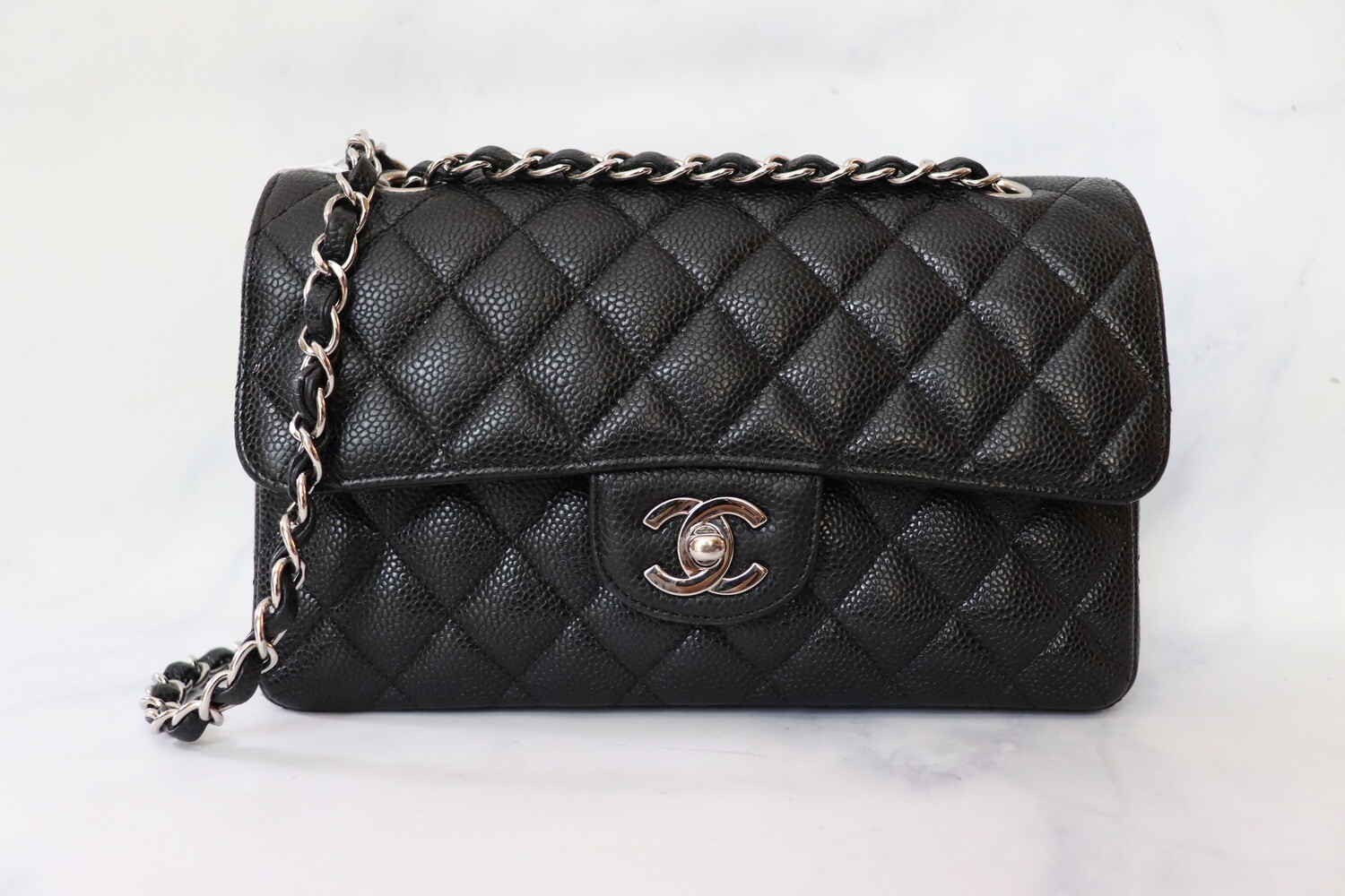 Chanel Classic Small Double Flap Dark Black Caviar Leather, Silver Hardware, Preowned in Dustbag
