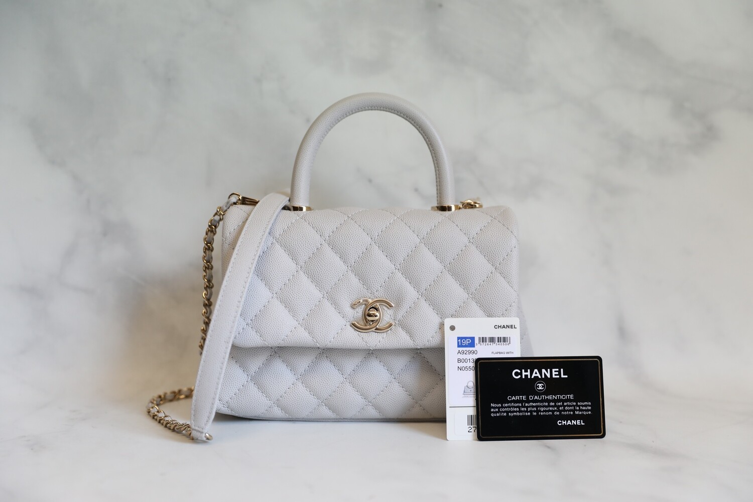 Chanel Coco Handle Mini, Light Grey With Light Gold Hardware, Like New, Full Set