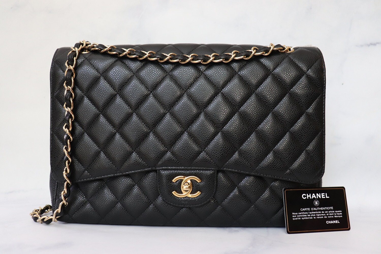 Chanel Classic Maxi Single Flap, Black Caviar Leather, Gold Hardware, Preowned in Dustbag