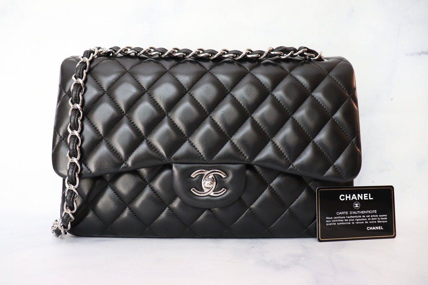 Chanel Classic Jumbo Double Flap, Black Lambskin Leather, Silver Hardware, Preowned in Dustbag