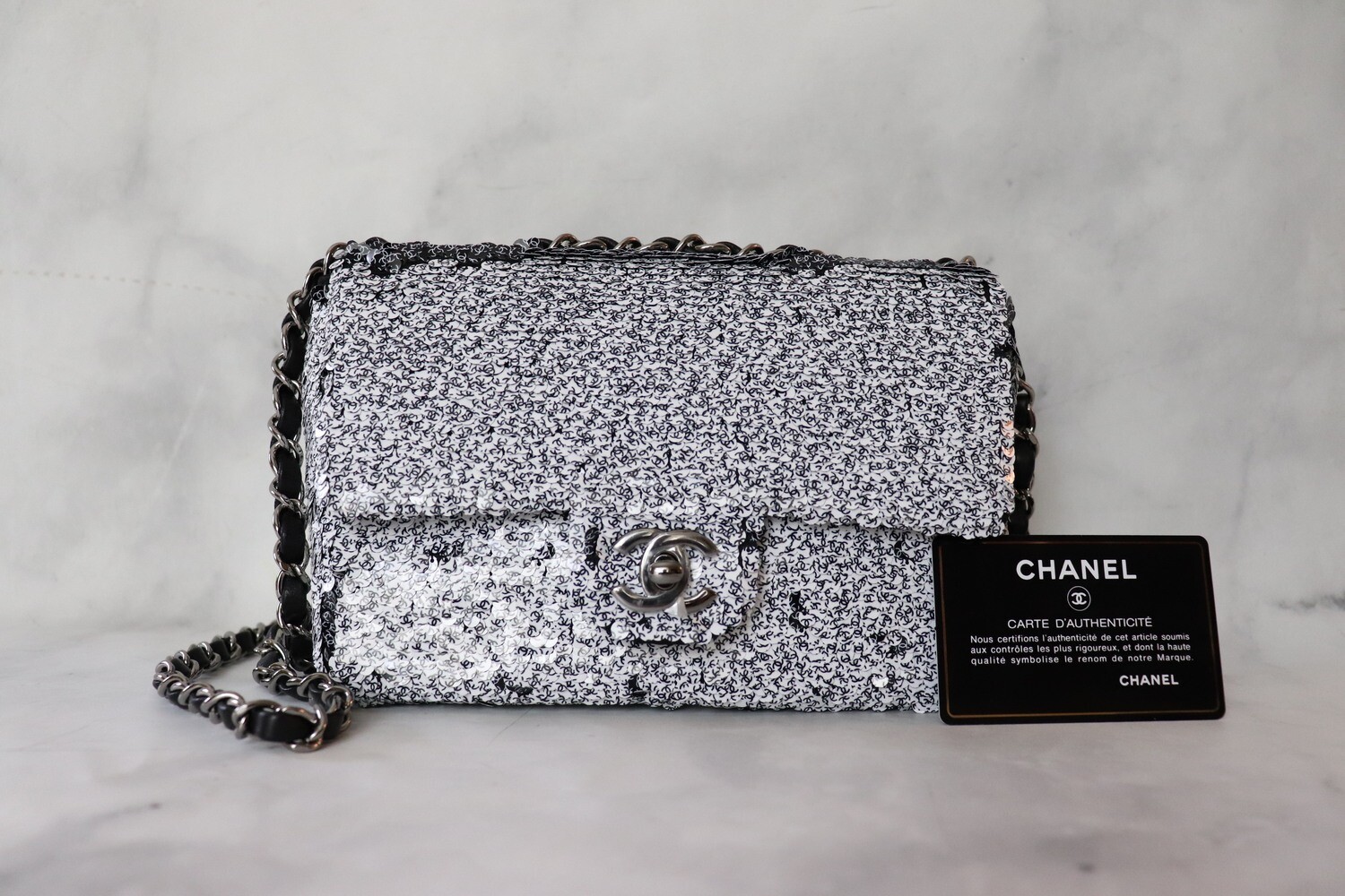 Chanel Sequin Mini Flap Black and White, New in Dustbag