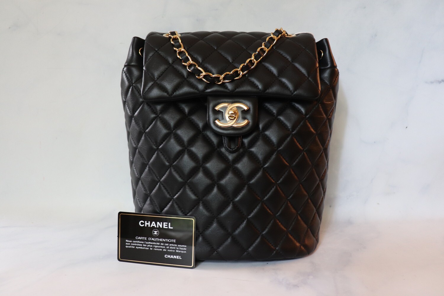 Chanel Urban Spirit Backpack, Black Lambskin with Gold hardware, New in Box WA001