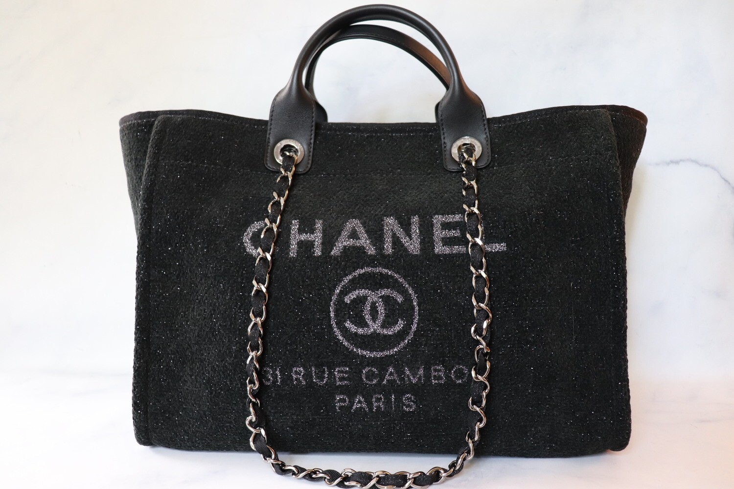 Chanel Deauville Large, Black Tweed Lurex with Silver Hardware, Preowned in Box