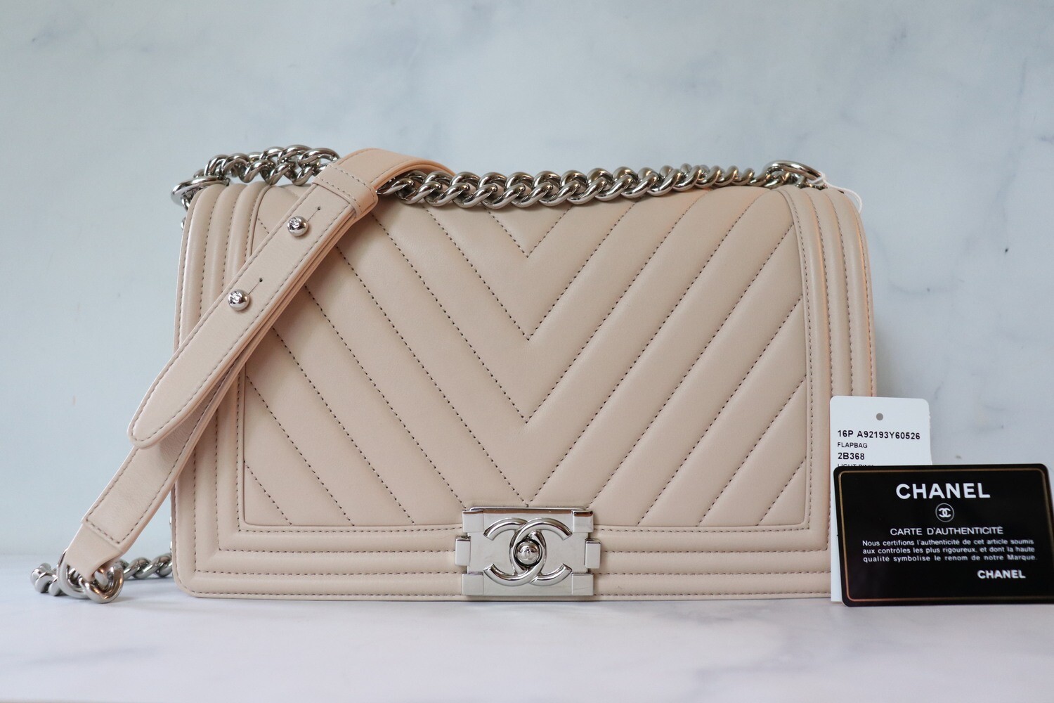Chanel Boy Large New Medium Blush Beige Chevron Calfskin, Silver Hardware, Preowned, Full Set