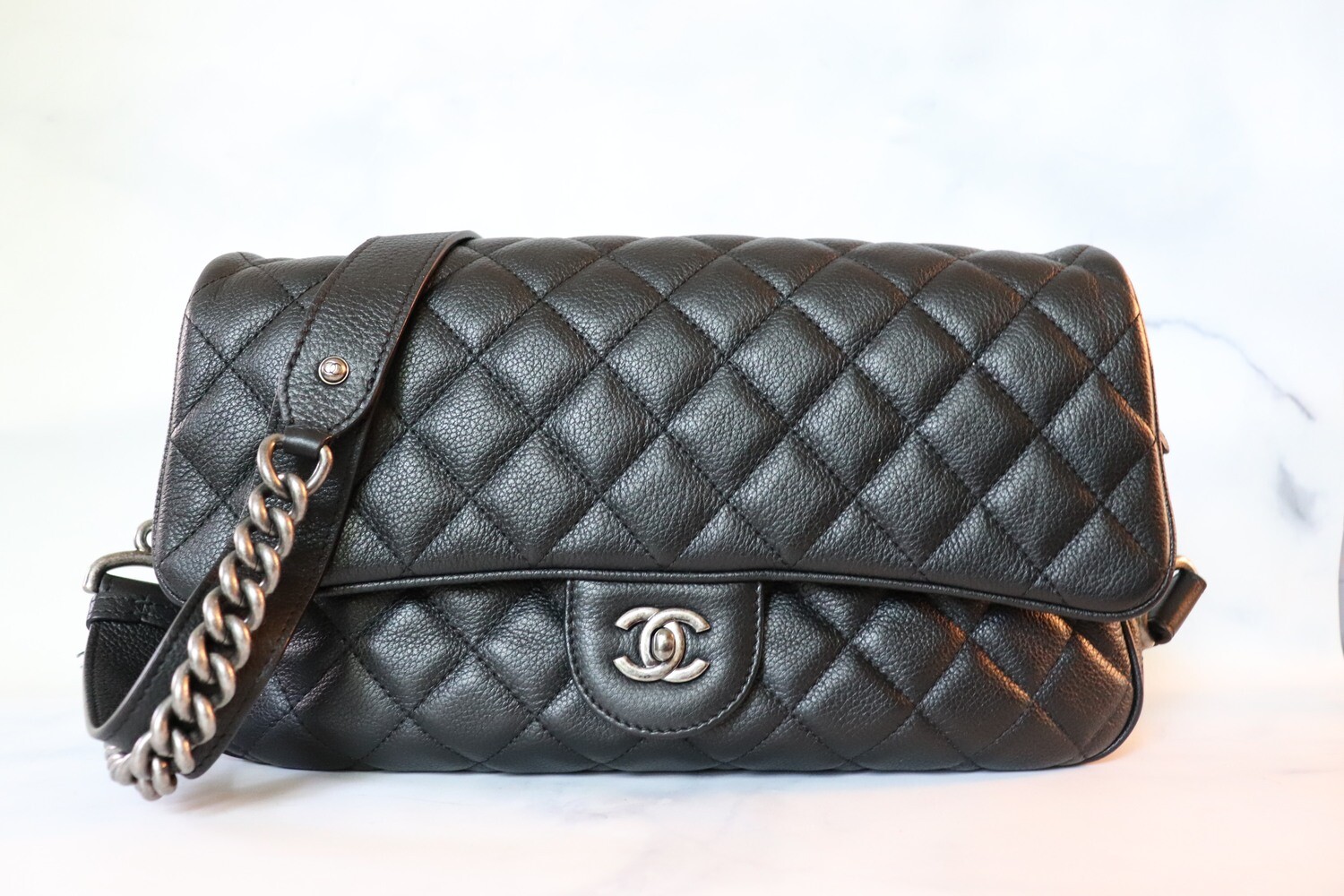 Chanel Seasonal Bag, Black Calfskin Leather, Ruthenium Hardware, Preowned in Box