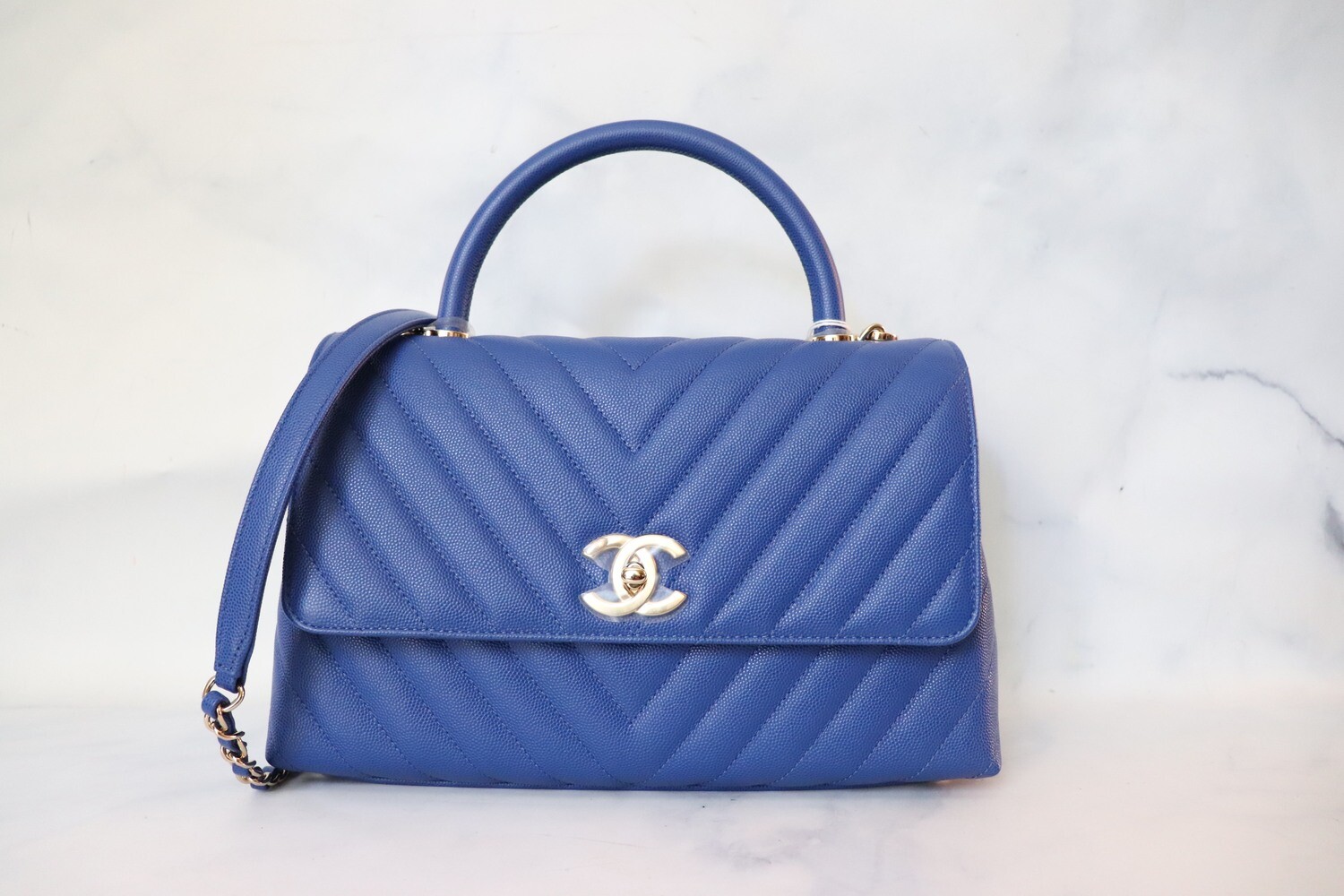 Chanel Coco handle Small Chevron, Royal Blue Caviar with Antique Gold Hardware, New in dustbag
