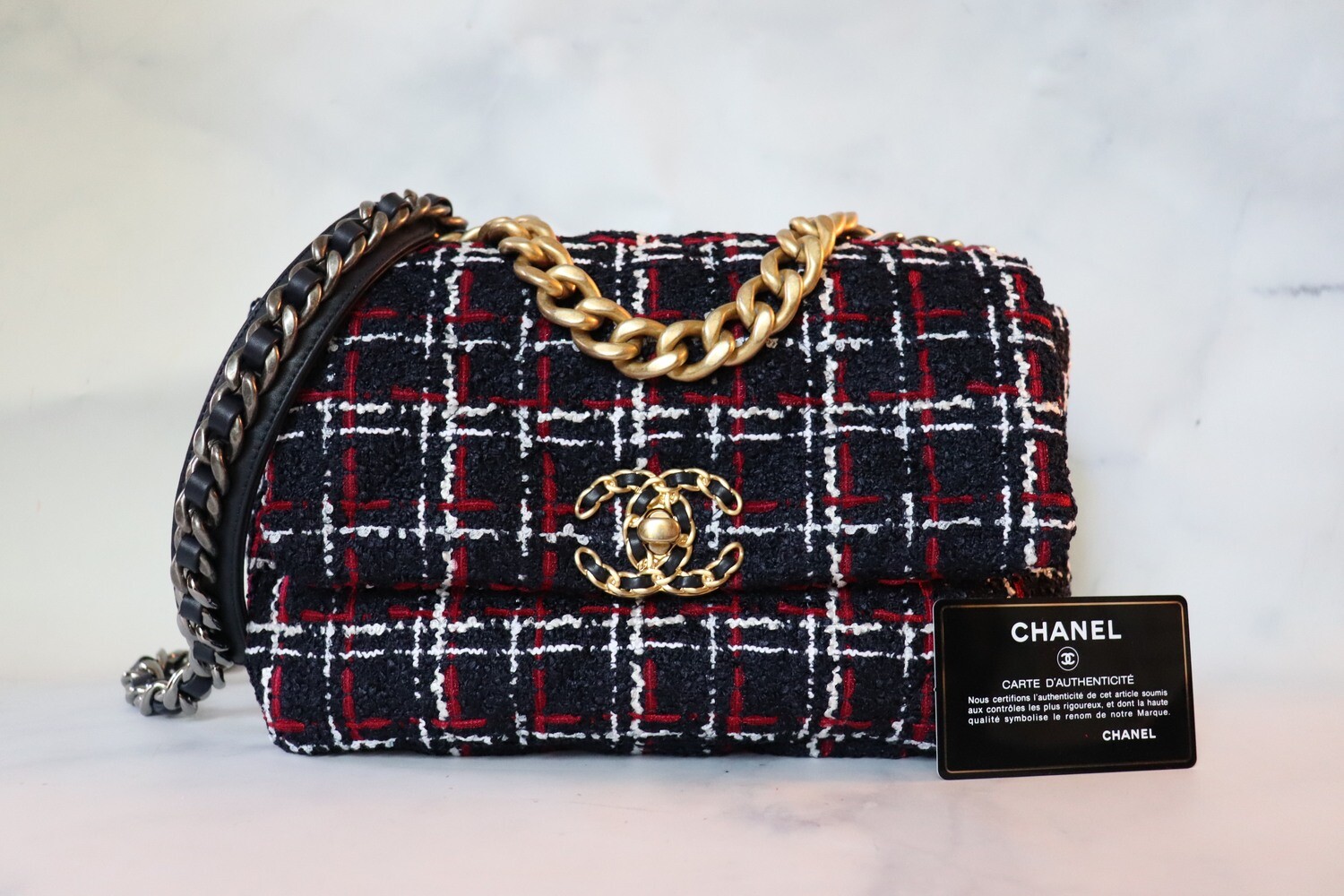 Chanel 19 Tweed Small Navy, Red, White, New in Box