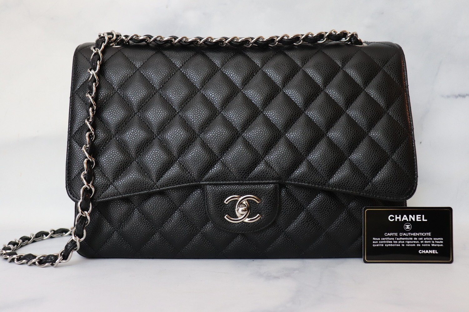 Chanel Classic Maxi Single Flap, Black Caviar Leather, Silver hardware GA002