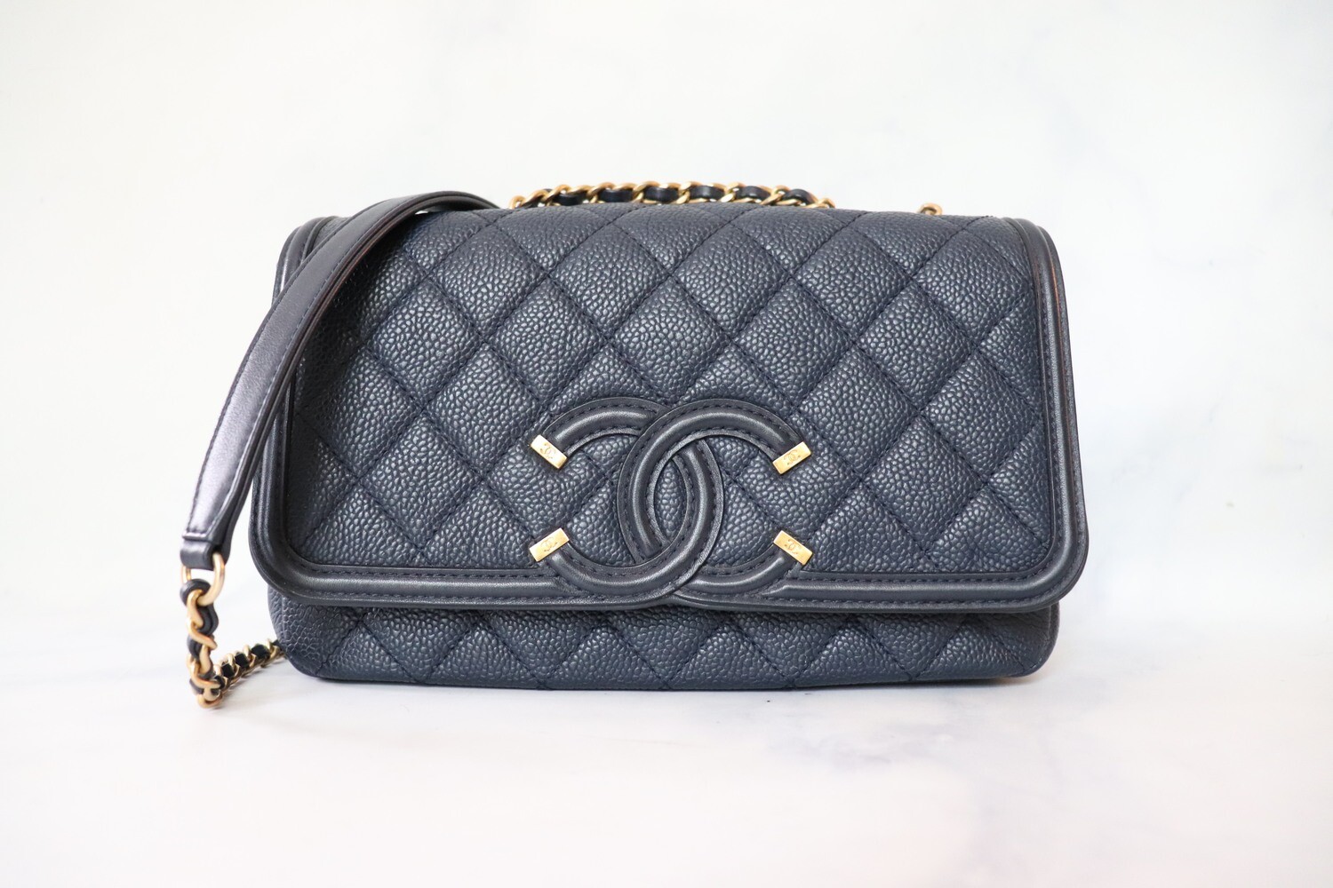 Chanel Filigree Small Flap, Navy Caviar with Gold Hardware, Preowned in Box