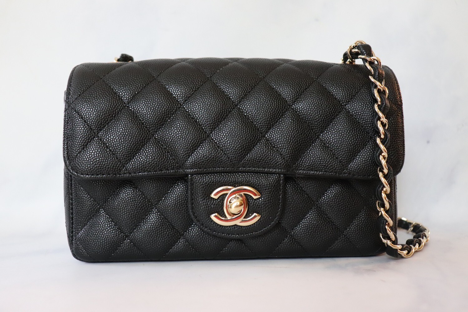 Chanel Classic Mini Rectangular, Black Caviar with Light Gold Hardware, Preowned in box