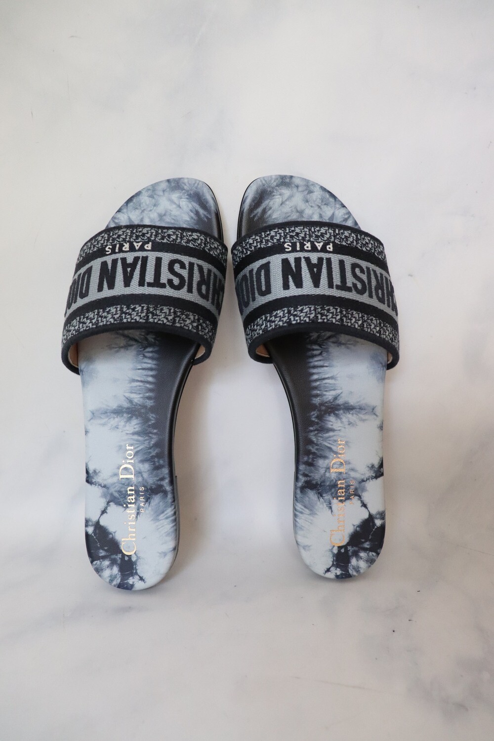 Dior Slides Tie Dye and Denim Embroidered Sandals, Size 38.5, New in Box WA001