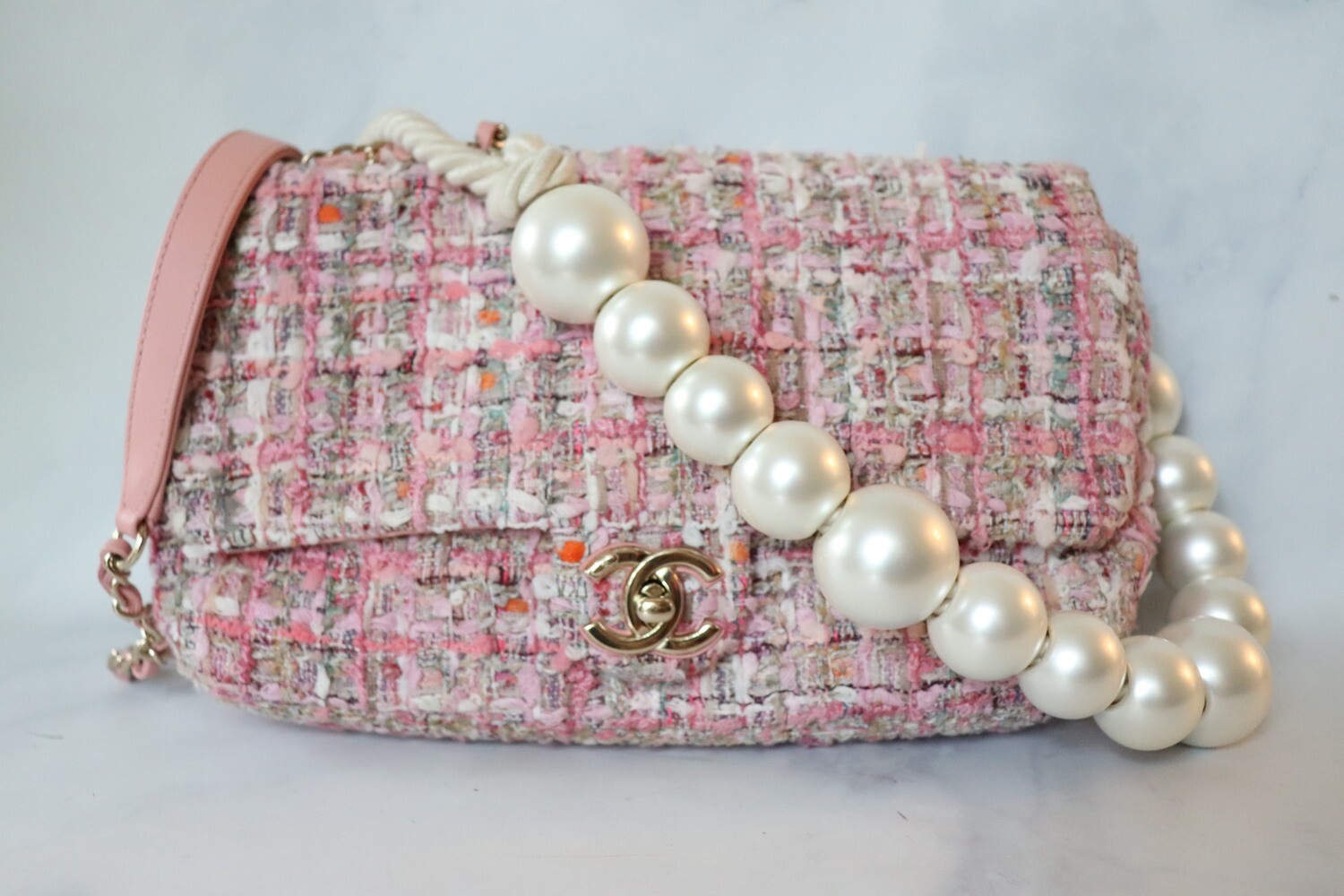 Chanel Seasonal Tweed Pearl Handle Flap Bag, Preowned In Dustbag