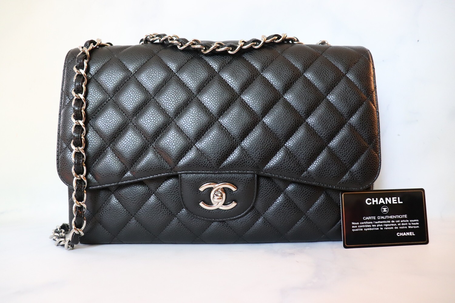 Chanel Classic Jumbo Single Flap Black Caviar Leather, Silver Hardware, Preowned in Dustbag MA001