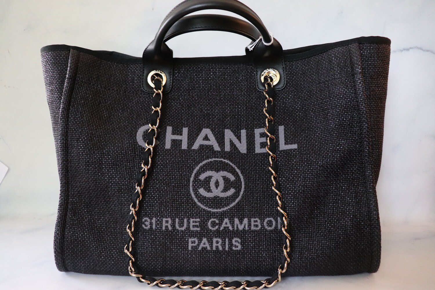 Chanel Deauville Large, Black Raffia, Light Gold Hardware, Preowned in Box