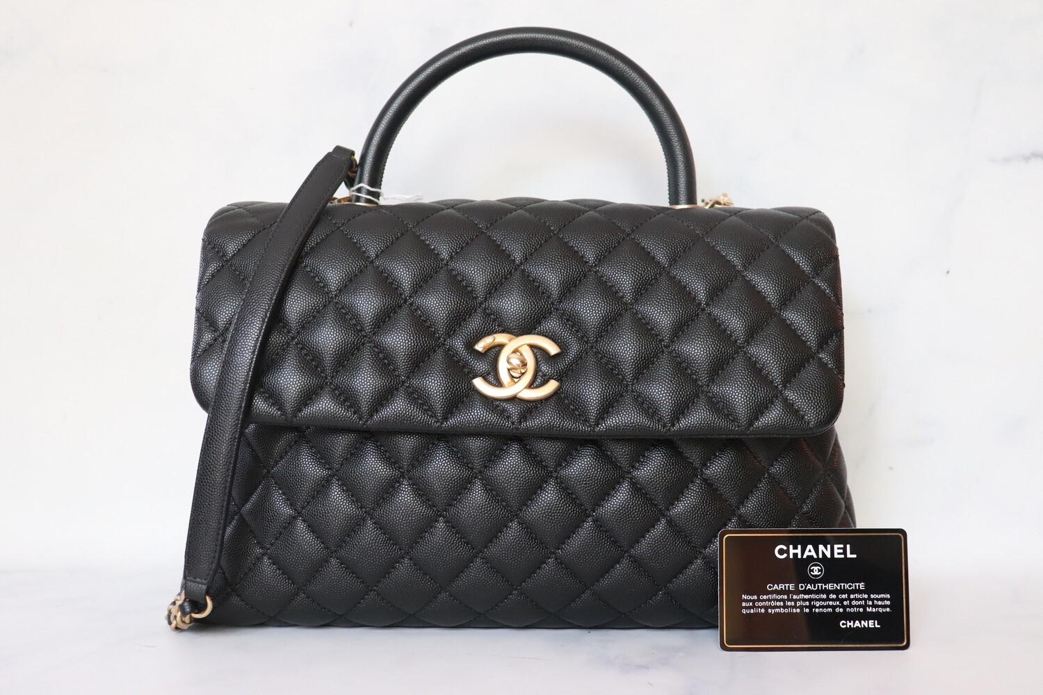 Chanel Coco Handle Large, Black Caviar Leather, Aged Gold Hardware, Preowned in Dustbag WA001