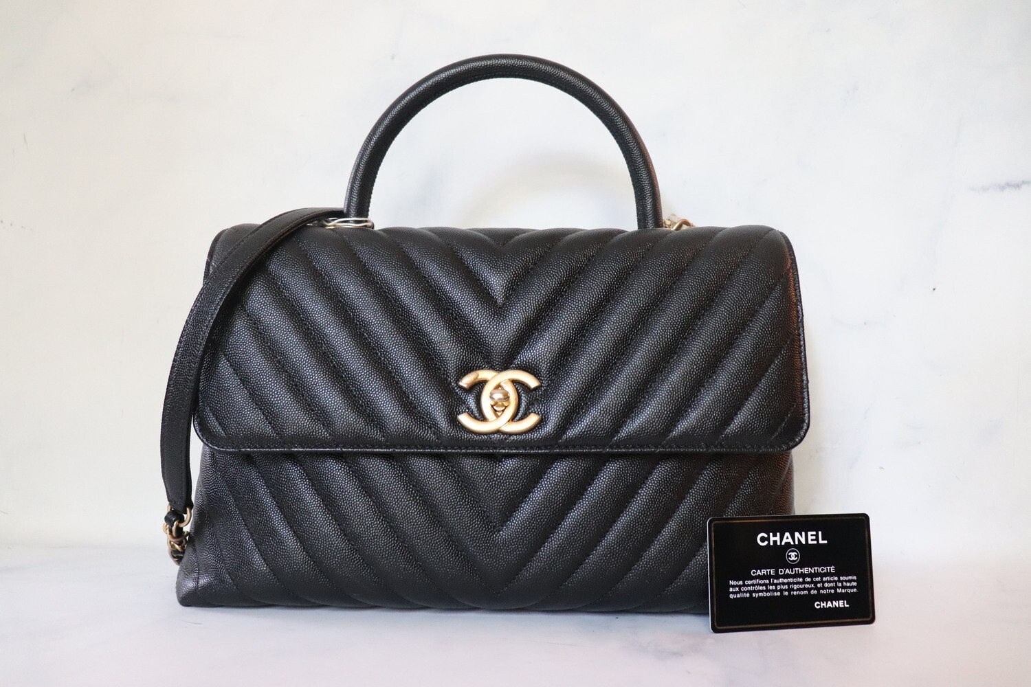 Chanel Coco Handle Large, Black Caviar Chevron Leather, Aged Gold Hardware, Preowned in Dustbag