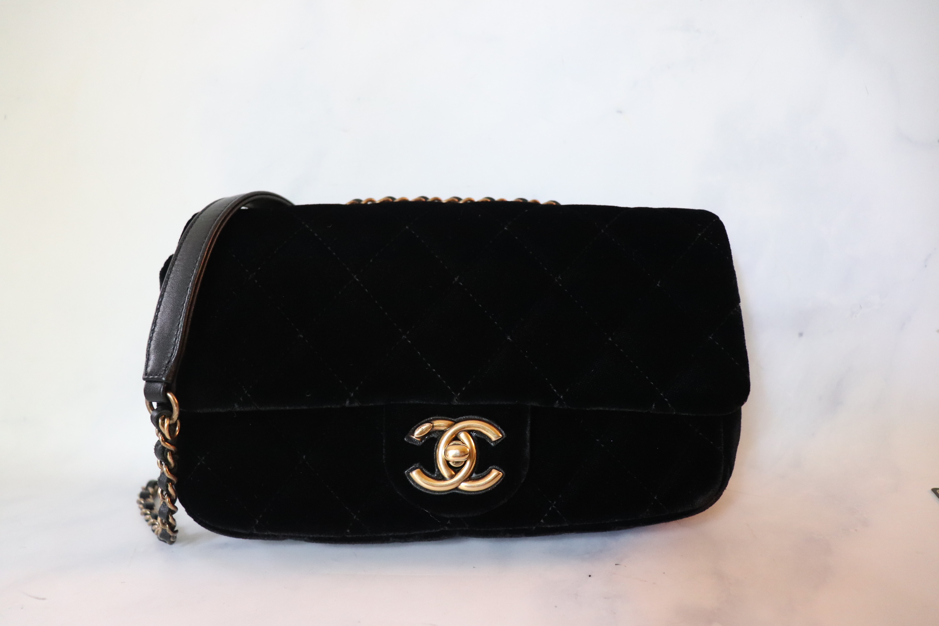 Chanel Seasonal Flap, Black velvet with Aged Gold Hardware, Preowned with  dustbag and Box