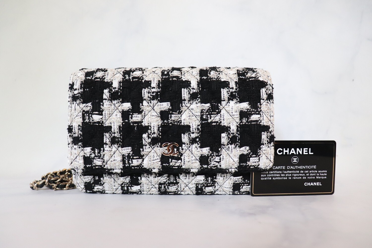 Chanel Wallet on Chain Black and White Tweed Ribbon, Preowned in Box WA001