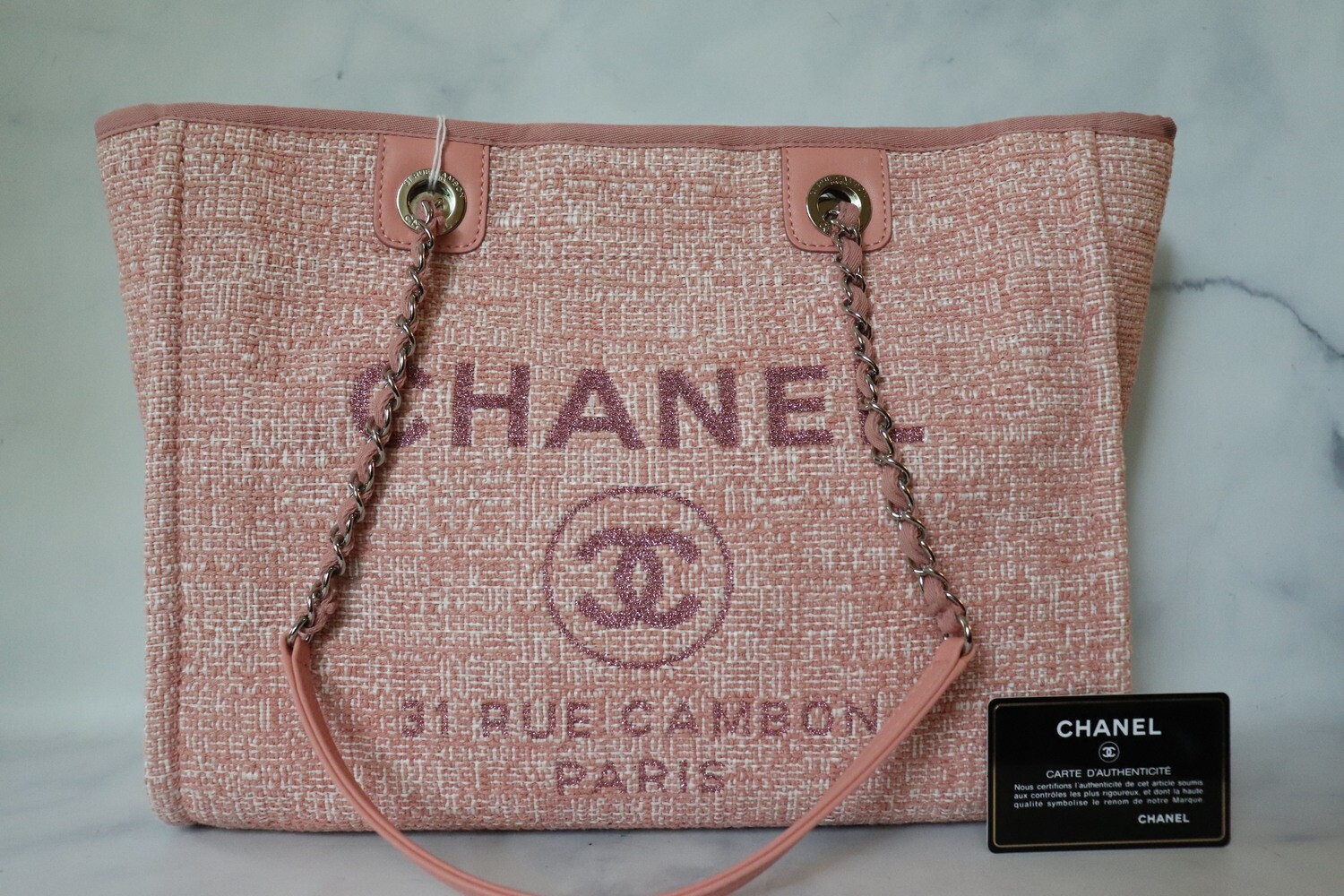 Chanel Deauville Small Tweed, Pink with Silver Hardware, Preowned in Dustbag MA001