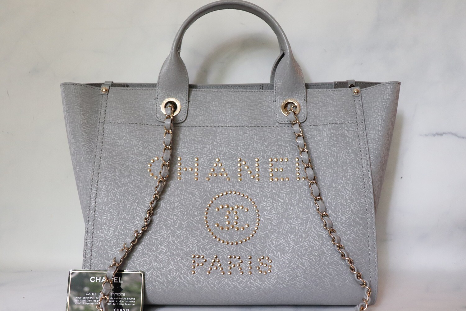 Chanel Deauville Small Leather, Grey with Antique Gold Hardware, Like New, in Dustbag