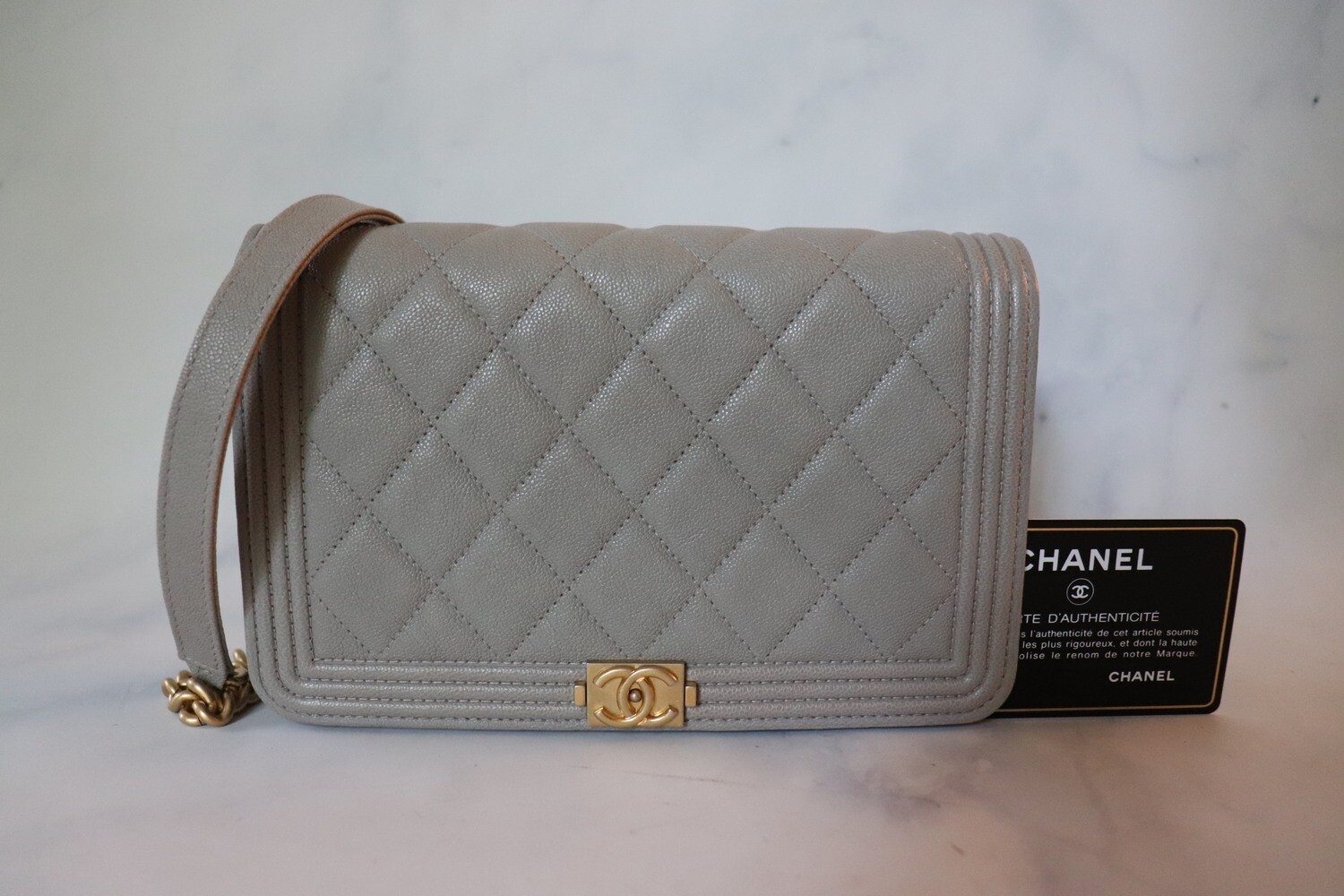 Chanel Wallet on Chain Boy, Grey Caviar with Aged Gold Hardware, Preowned with Box