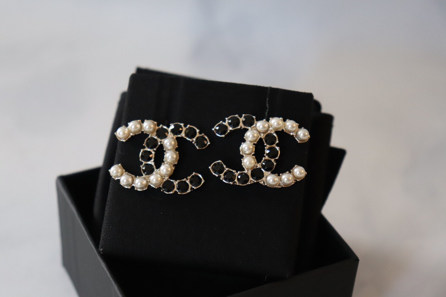 Chanel Earrings Black Crystal with Pearl, New In Box WA001