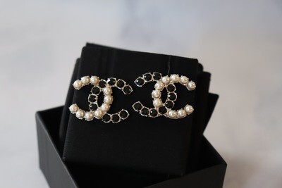 Chanel Earrings Black Crystal with Pearl, Preowned In Box WA001