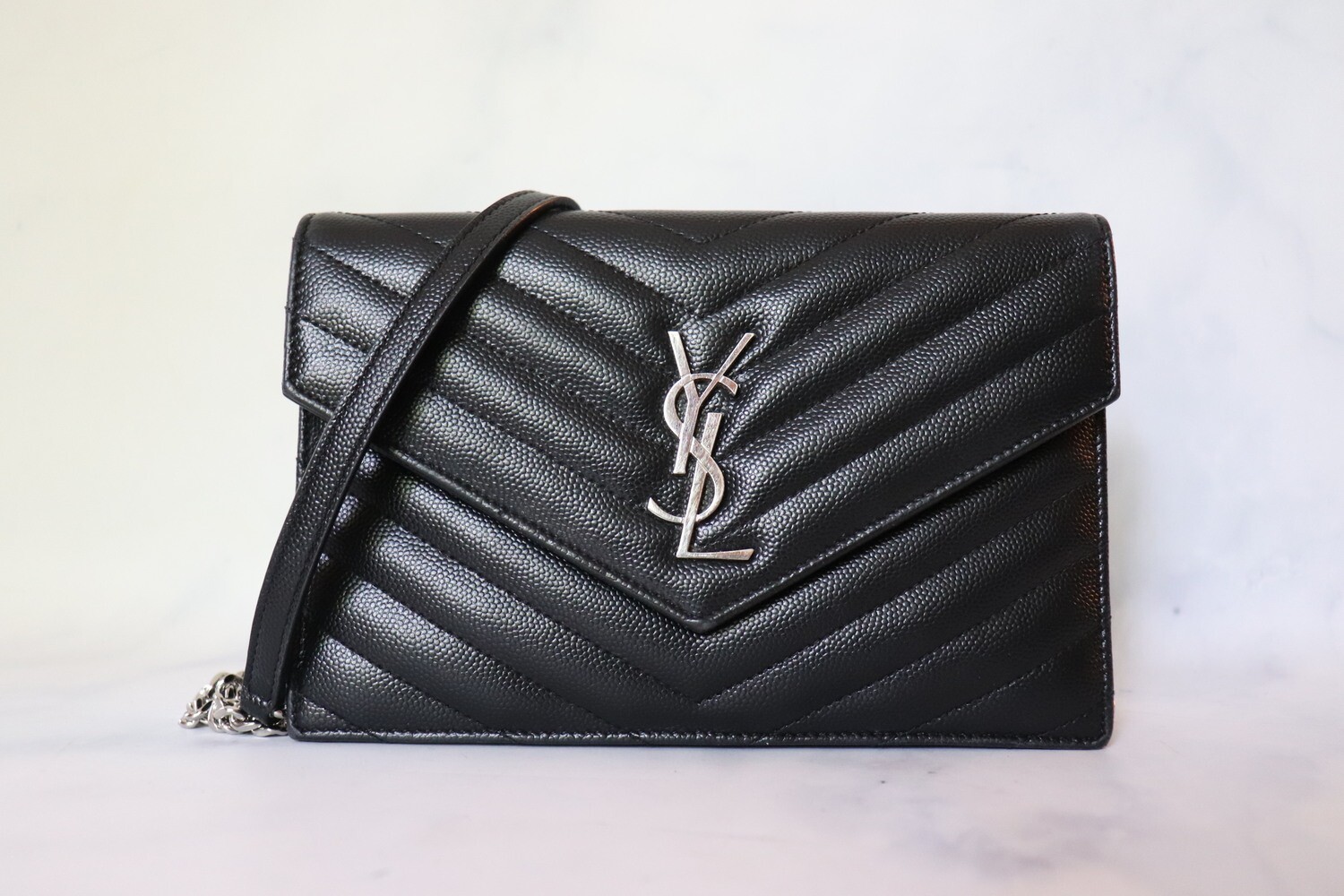 Saint Laurent Small Wallet on Chain. Black with Silver Hardware