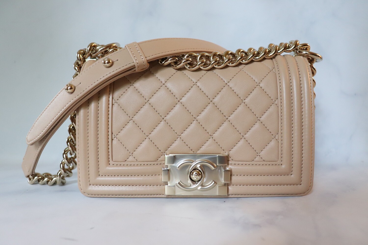 Chanel Boy Small, Beige with Light Gold Hardware, As New in Box