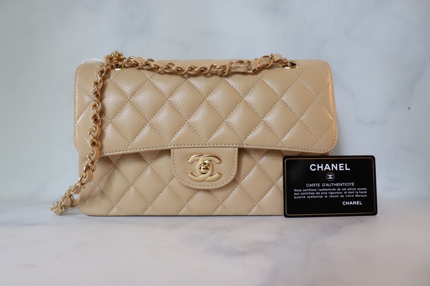 Chanel Classic Small Double Flap, Beige Caviar Leather with Gold Hardware, New in Dustbag