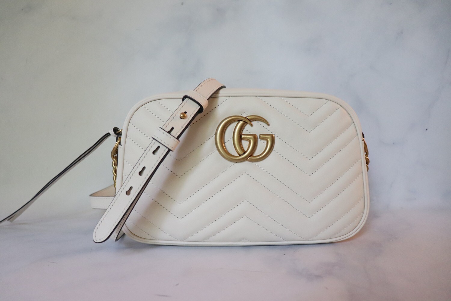 Gucci Small Marmont Camera Bag, White with Aged Gold Hardware, New in Dustbag WA001