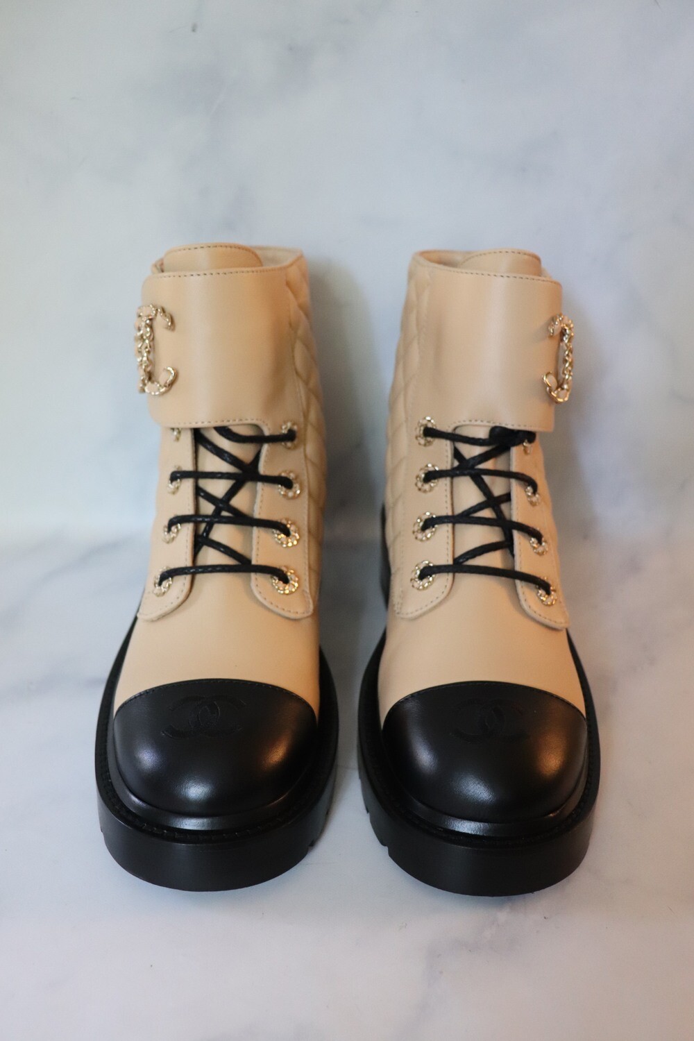 chanel combat boots beige