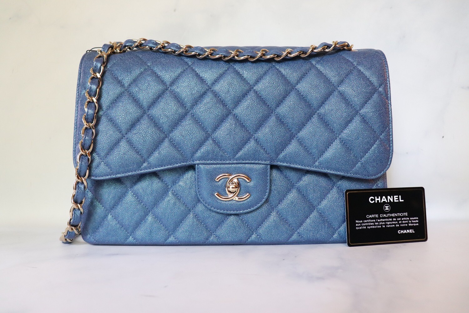 Chanel Classic Jumbo Double Flap, Blue Iridescent Caviar Leather, Light Gold Hardware, New in Box