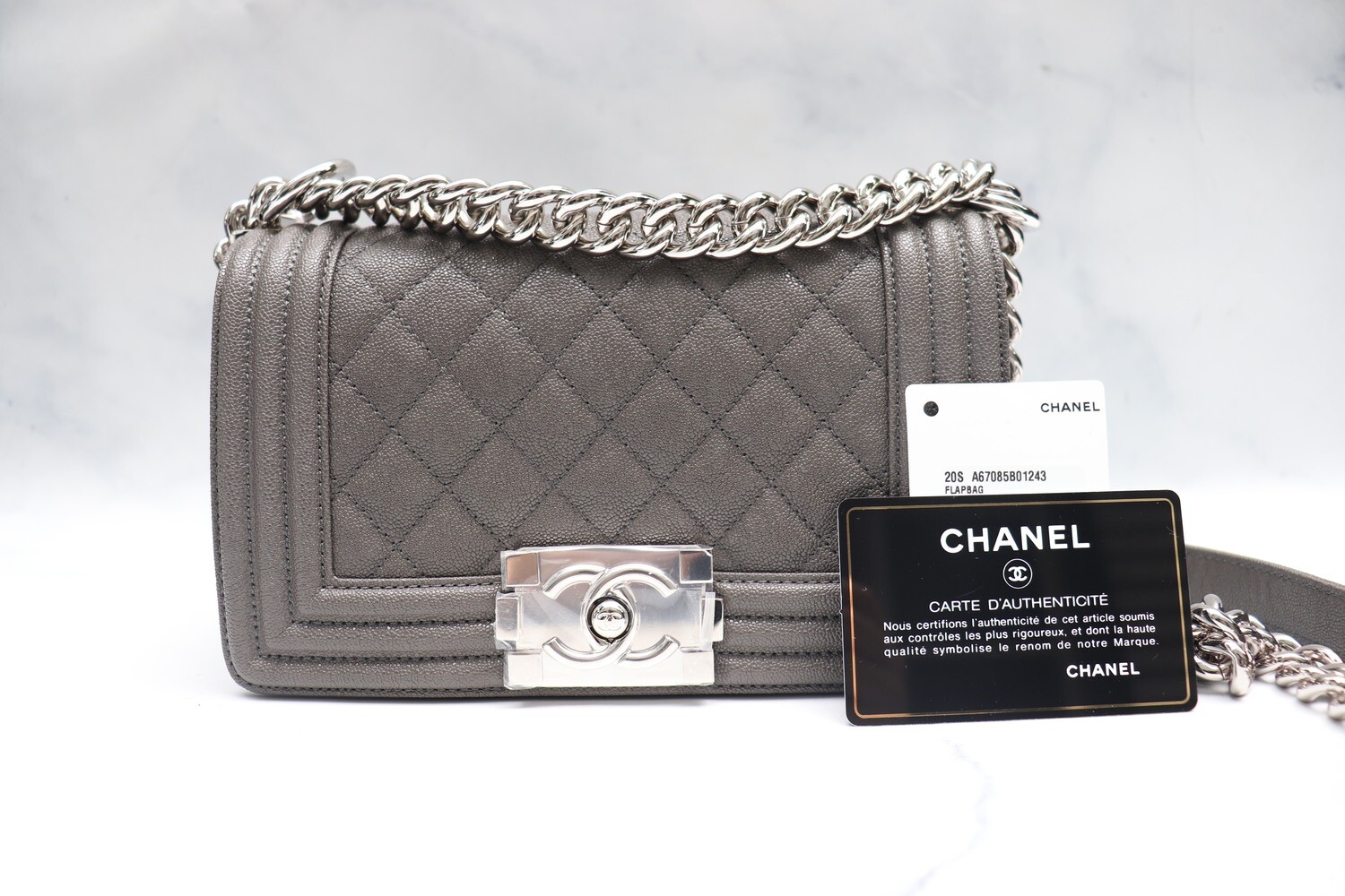 Chanel Boy Small Grey Caviar Leather, Silver Hardware, New in Box