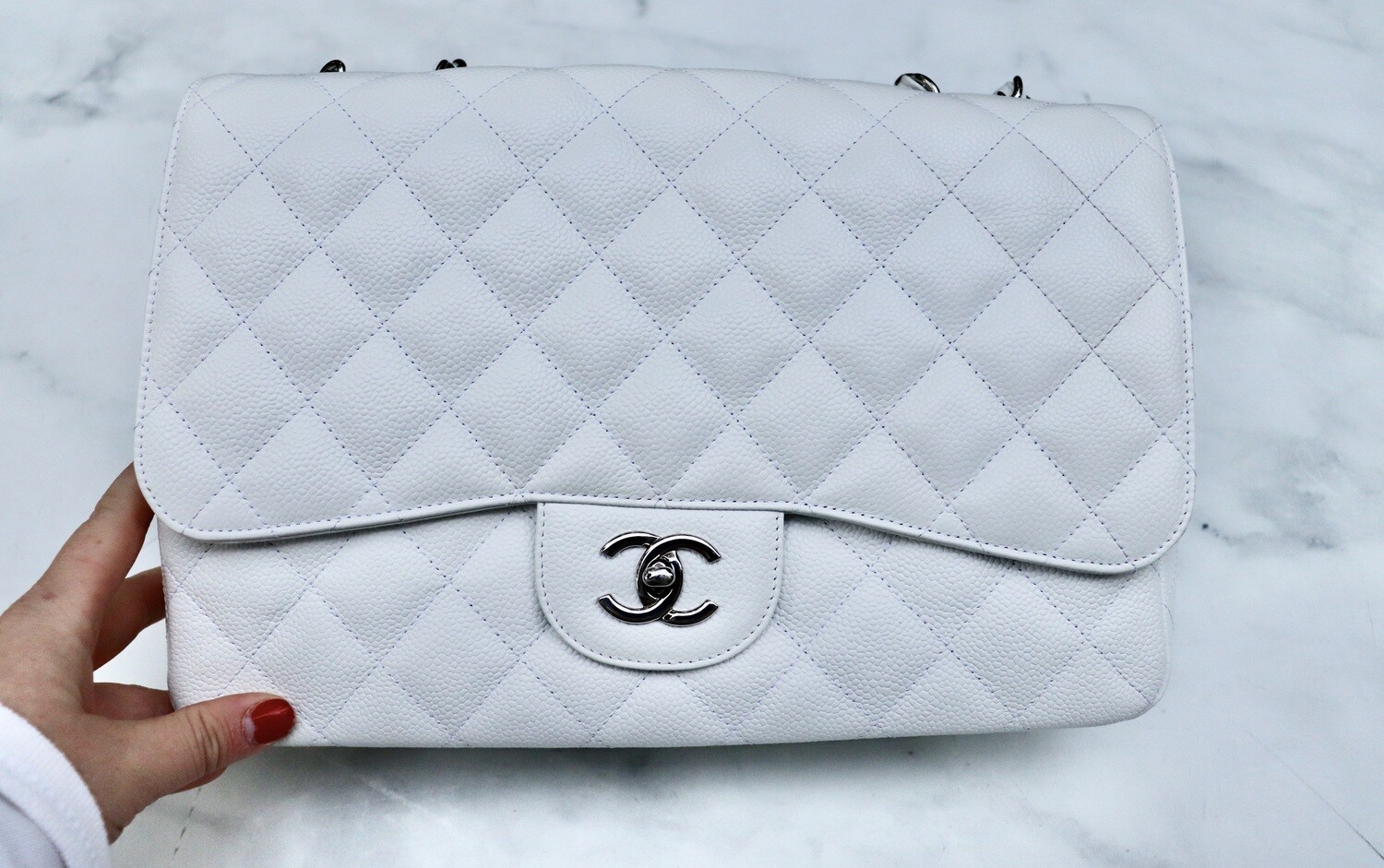Chanel Classic Jumbo Single Flap, White Caviar Leather, Silver Hardware, Preowned in Dustbag
