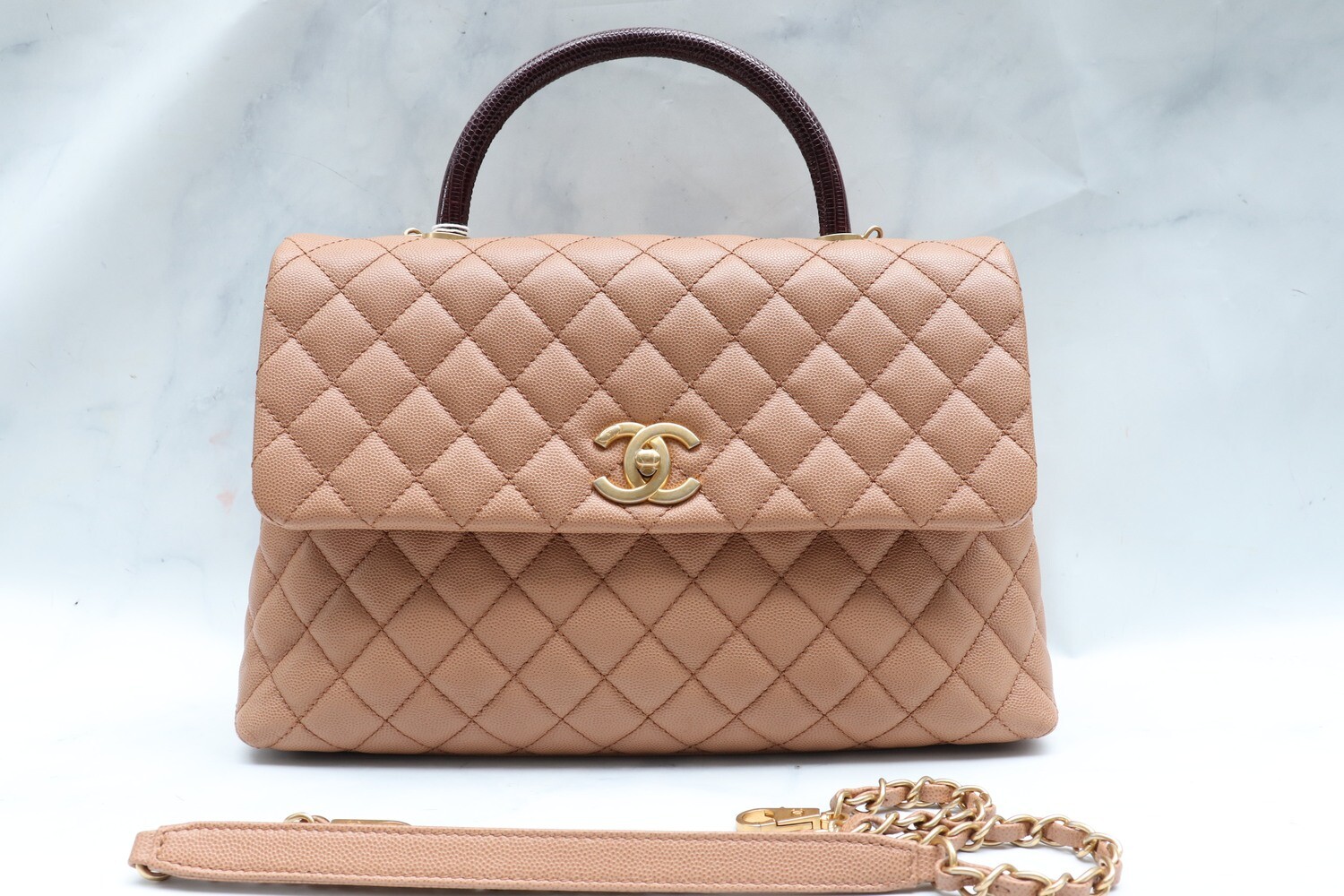 Chanel Coco Handle Large, Caramel Caviar Leather with Lizard Handle and Aged Gold Hardware, Preowned with Box, Dustbag, and Card