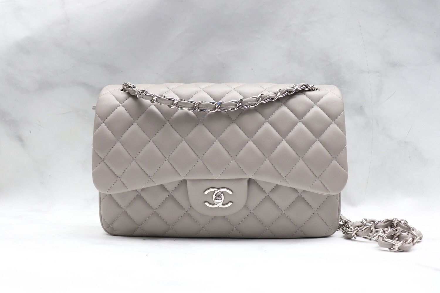 Chanel Classic Double Flap Jumbo, Grey 19B Lambskin Leather with Silver Hardware, Preowned with Dustbag