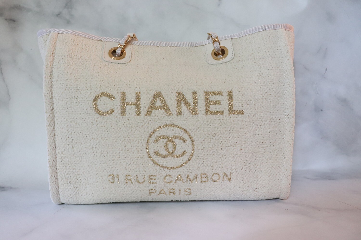 Chanel Deauville Medium, White and Gold with Gold Hardware, Preowned with Dustbag and Card