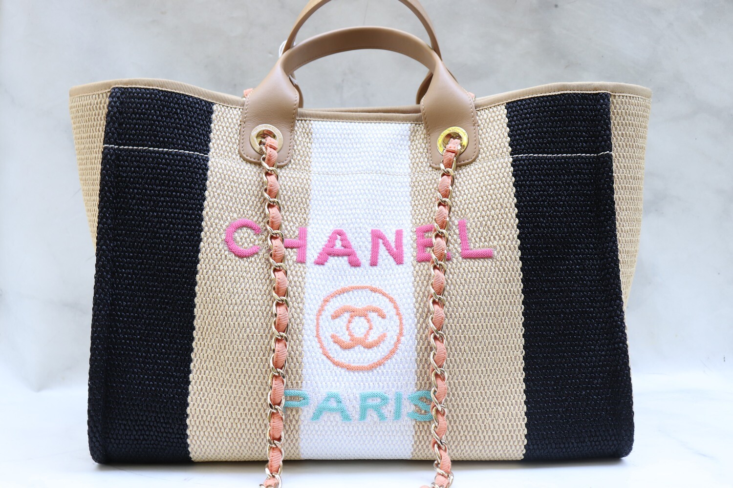 Chanel Deauville Raffia Large, Multicolored Raffia and Beige Leather with Gold Hardware, New in Dustbag