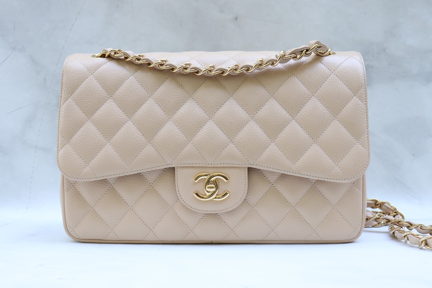 Chanel Classic Double Flap Jumbo, Beige Caviar Leather with Gold Hardware, Preowned with Dustbag -  No Card