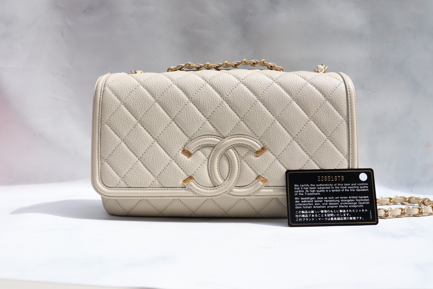 Chanel Filigree Medium Flap, Beige Caviar with Aged Gold Hardware, Preowned with Box, Dustbag, and Card