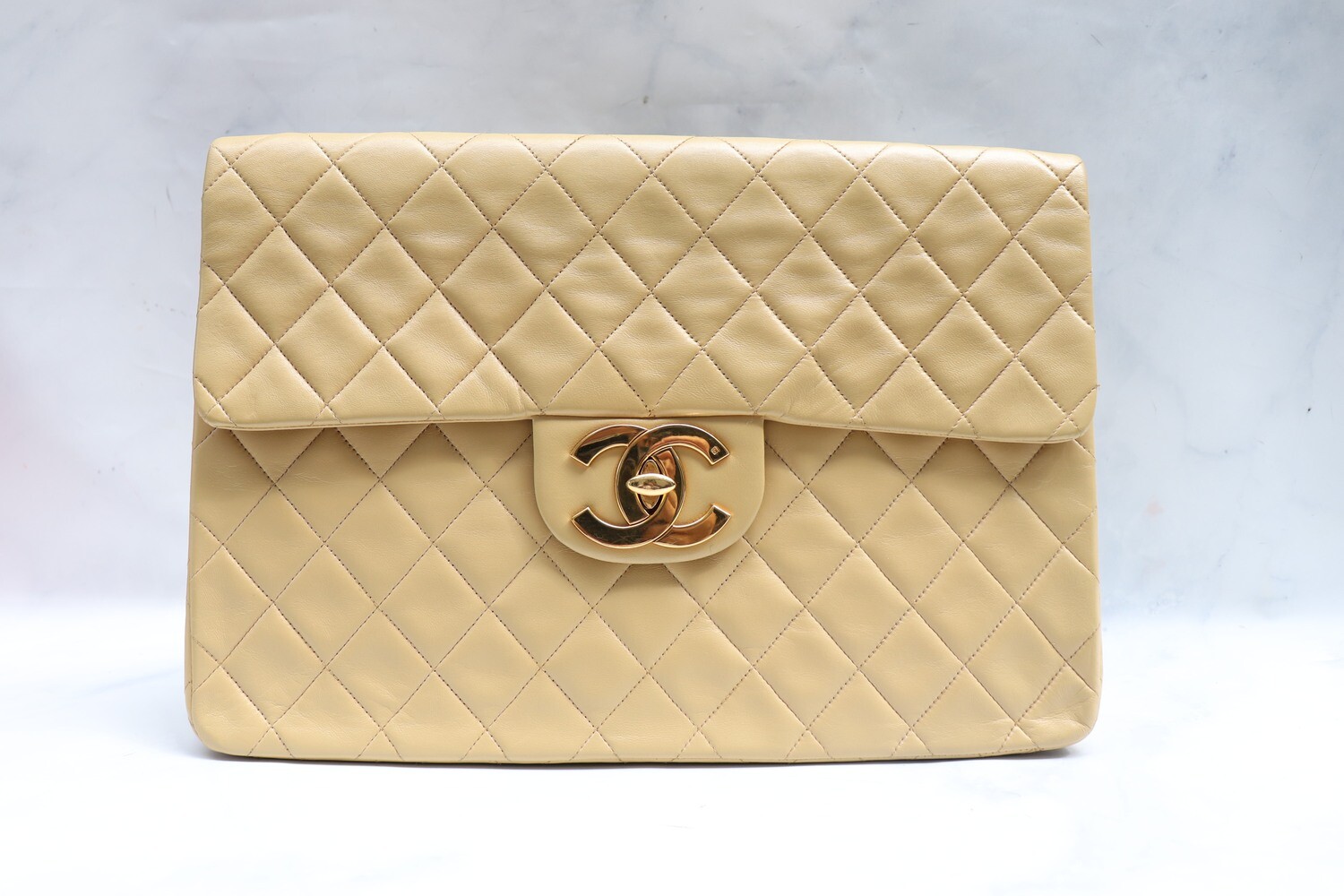Chanel Vintage Classic Single Flap, Beige Leather with Gold Hardware, Preowned with Dustbag and Card