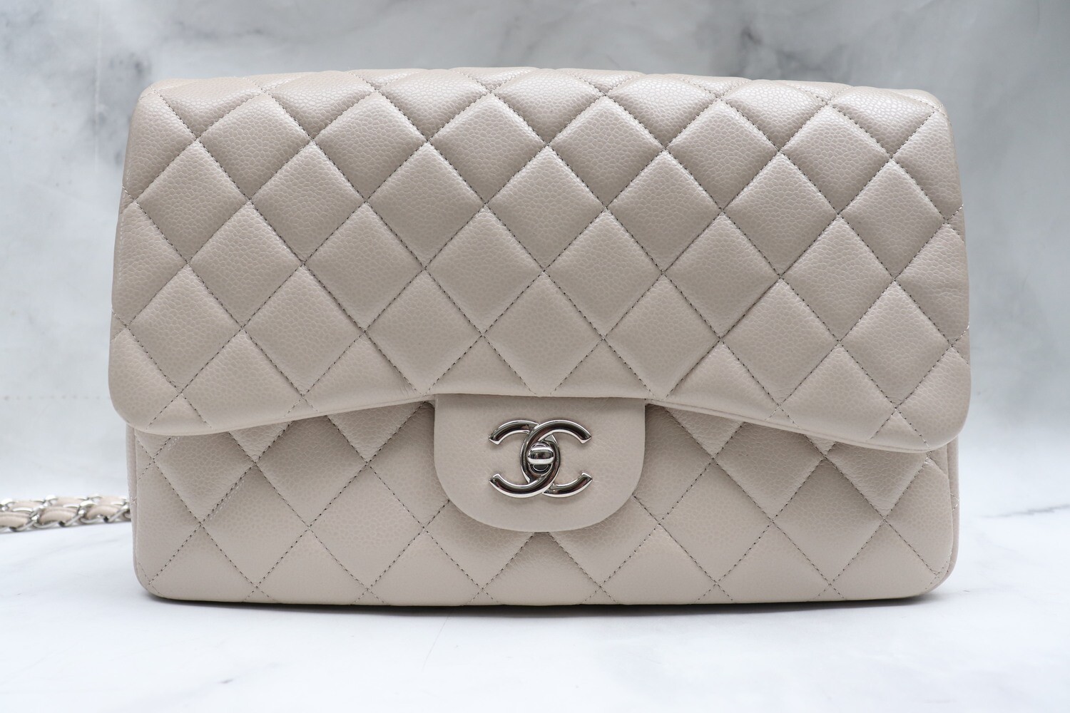 Chanel Classic Single Flap Jumbo, Light Grey Stone Caviar Leather with Silver Hardware, Preowned with Black Dustbag