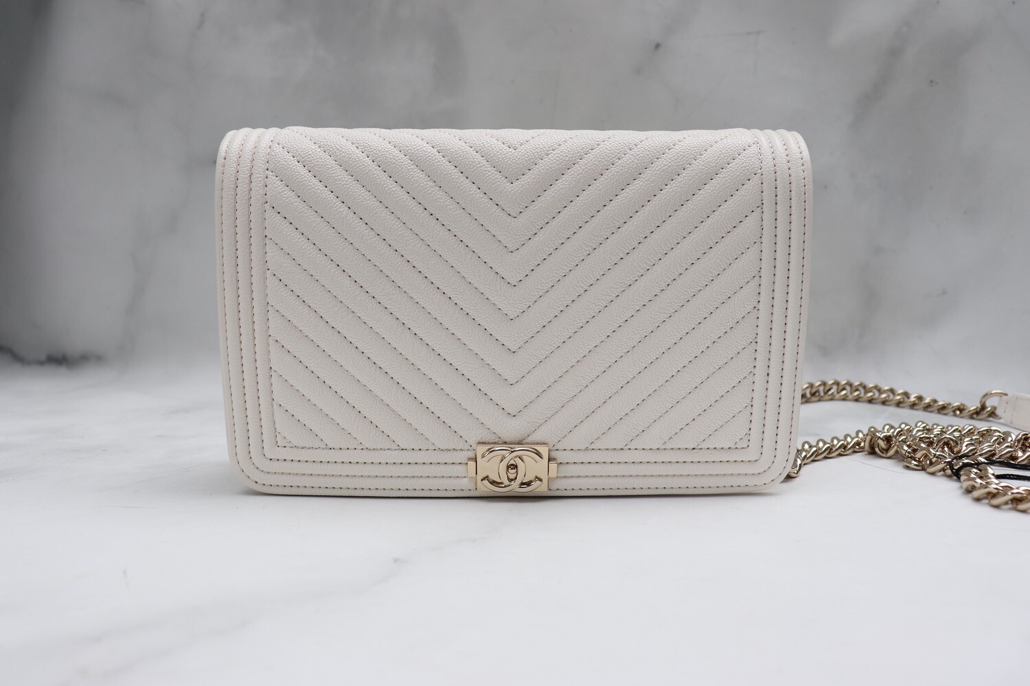 Chanel Wallet on Chain Boy 20S, White Caviar Leather Chevron with Light Gold Hardware, As New with Box