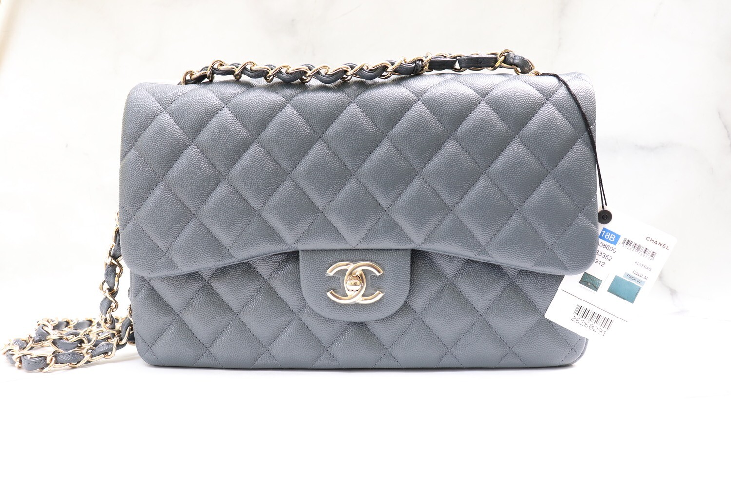 Chanel Classic Double Flap Jumbo, Dark Grey 18B Caviar Leather with Gold Hardware, New with Box