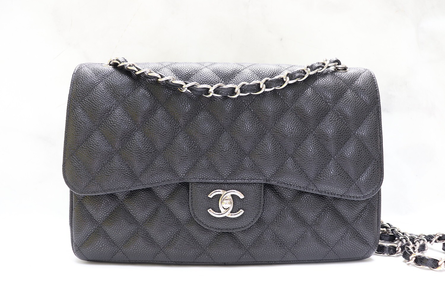 Chanel Classic Double Flap Jumbo, Black Caviar Leather with Silver Hardware, Preowned with Box