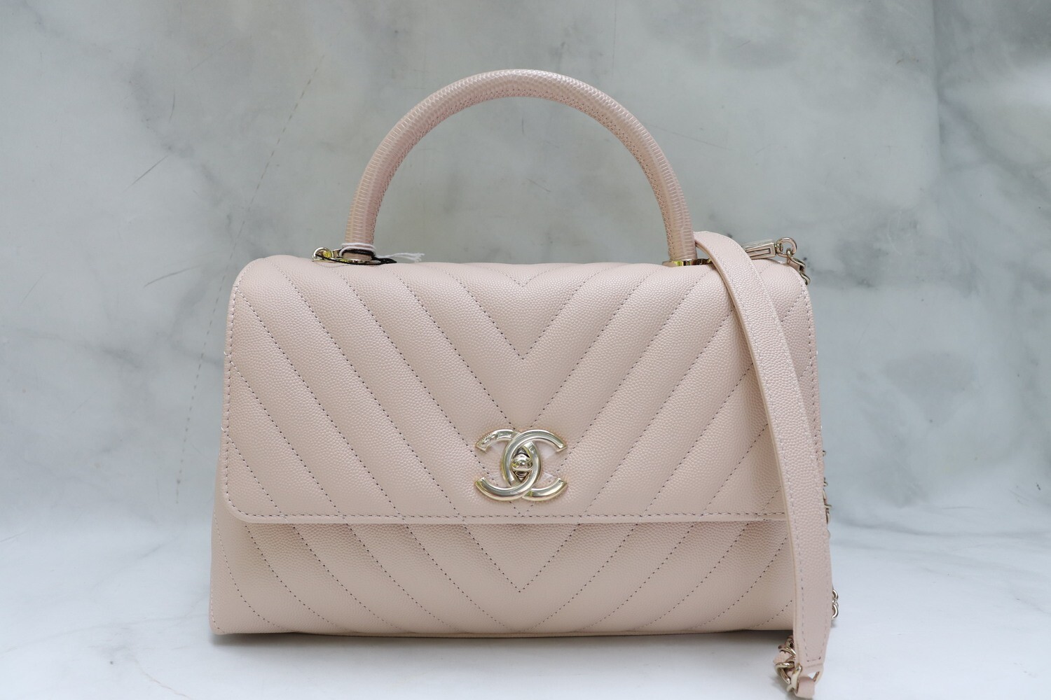 Chanel Coco Handle Small, Blush Beige Caviar Leather Chevron with Light Gold Hardware, New in Box