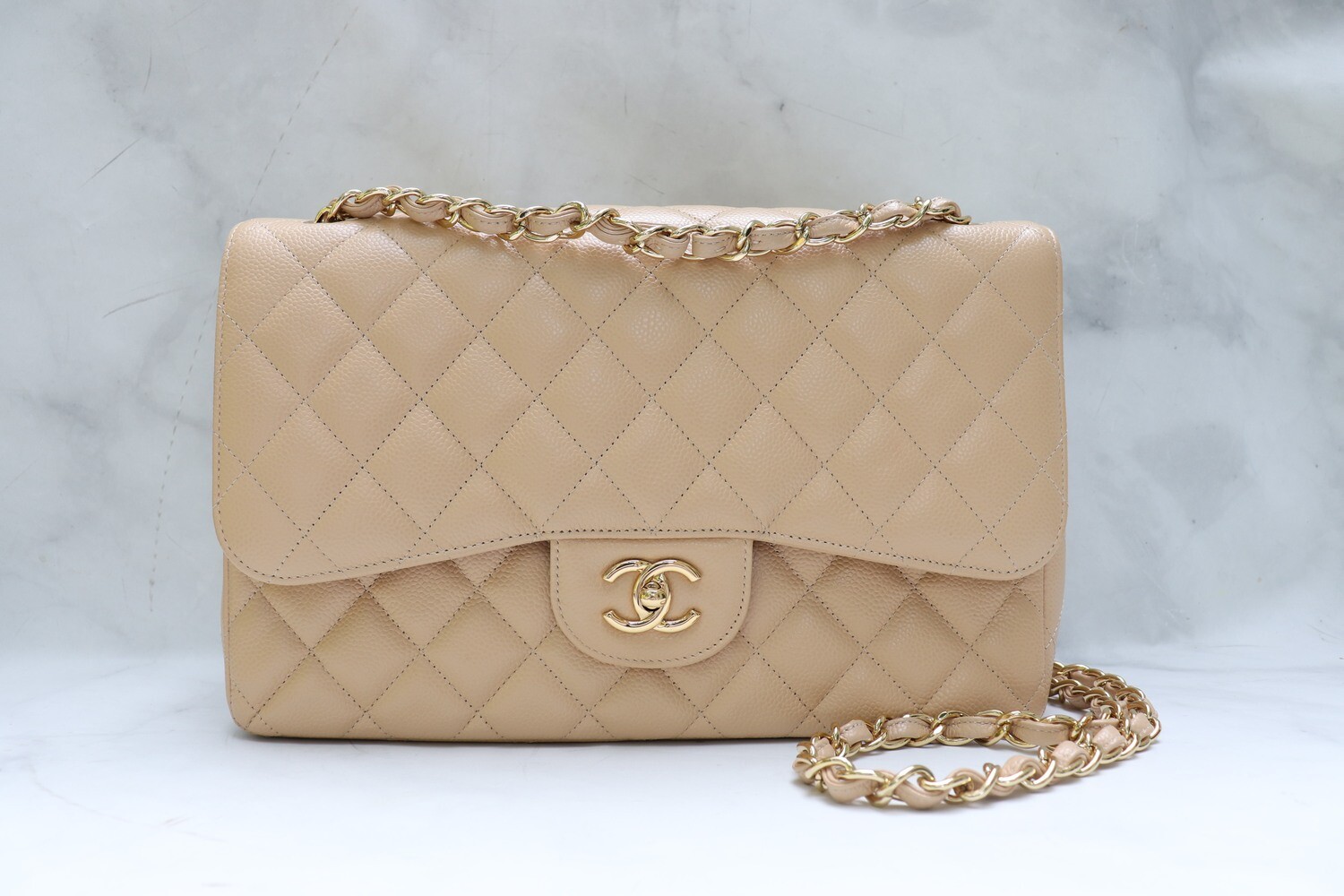 Chanel Classic Double Flap Jumbo, Beige Caviar Leather with Gold Hardware, Preowned with Box