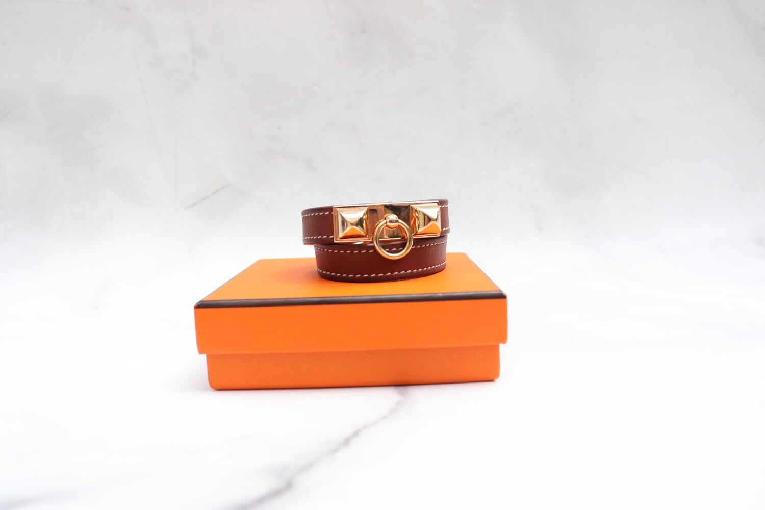 Hermes Rivale Double Tour Bracelet, Brown Leather with Gold Hardware, Preowned with Box